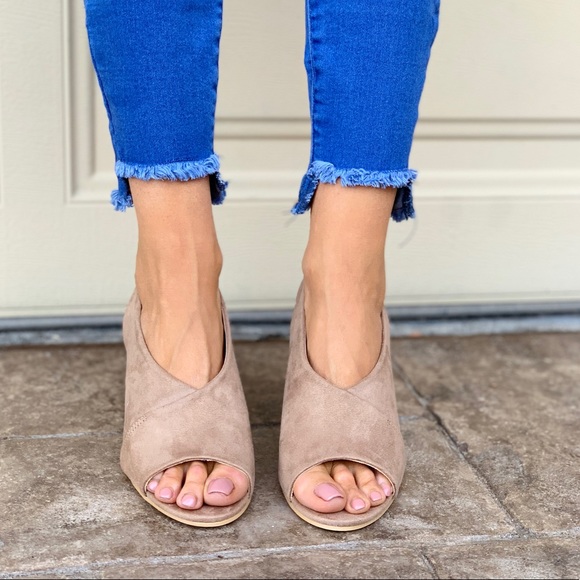 Beige Peep toe Chunky Heeled Slingback Mule Sandal - Picture 3 of 4